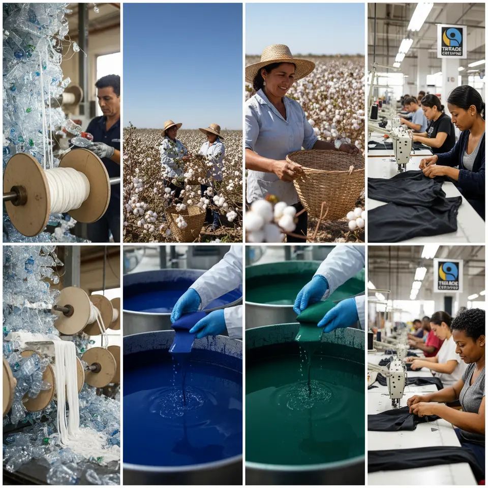 Sustainable activewear production montage: recycled plastic bottles being processed into polyester yarn, organic cotton fields under clear skies, low-impact dye vats using minimal water, and ethically treated factory workers sewing garments in a fair-trade environment.